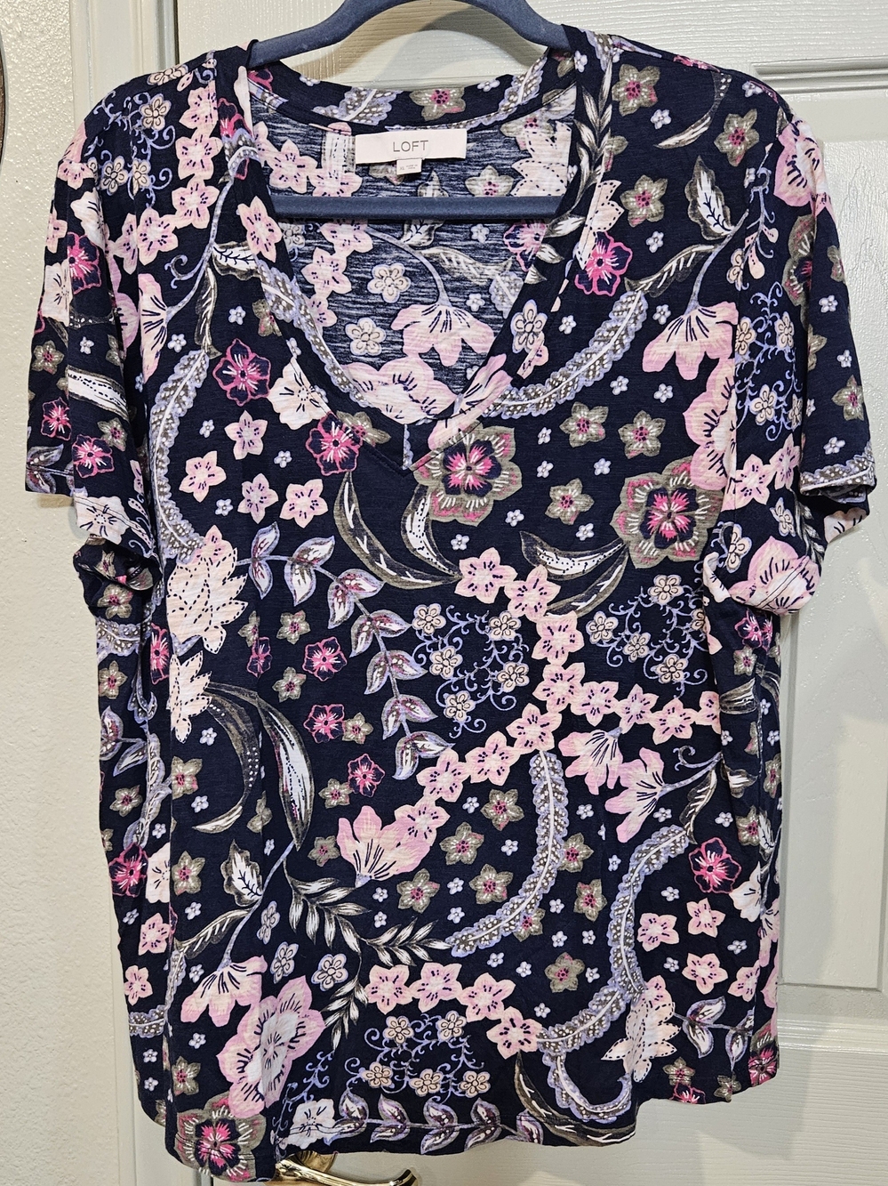 LOFT Navy Floral V-Neck Tee with Pink Accents